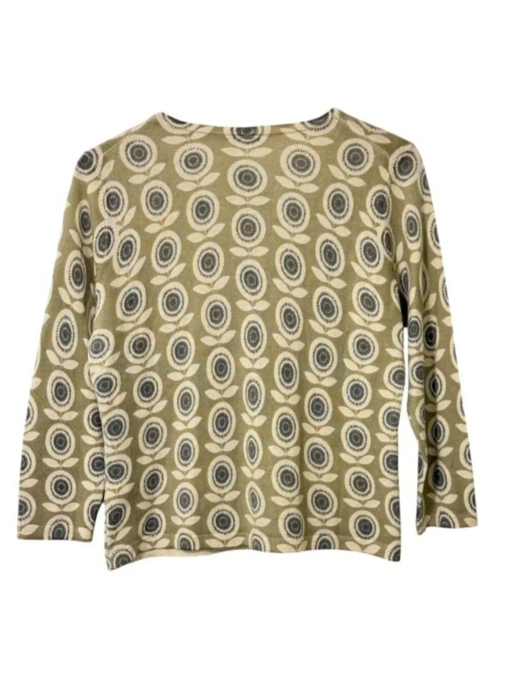 Garnet Hill Women's 100% Merino Wool Cardigan Sweater Sage Gray Floral Size L
